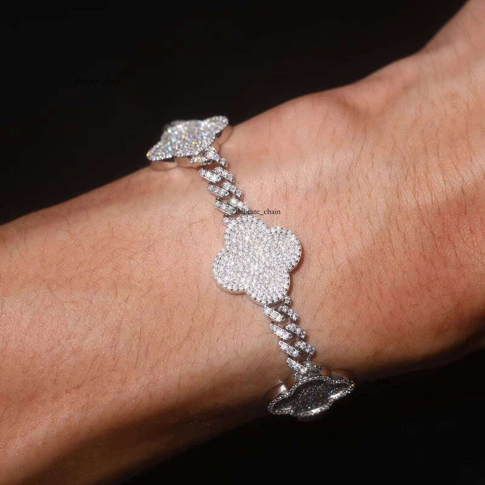 GRA Certified Diatomaceous Earth Ice Out 18mm 925 Sterling Silver Clover Chain Bracelet VVS Moissanite Tester Passed Hip Hop Pearlescent Unisex