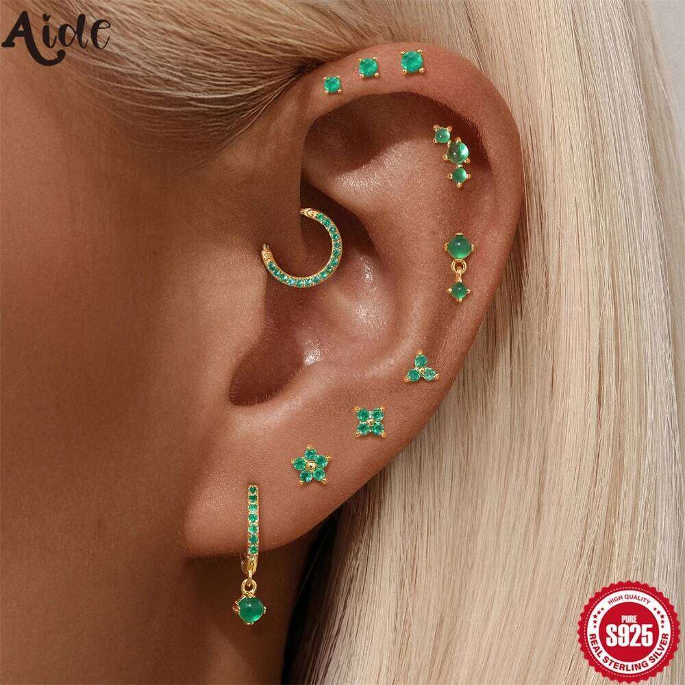 Aide 1PC Natural Chalcedony 925 Sterling Silver Piercing Earrings For Women Simple Green Moss Ear Stud Jewelry Pendientes