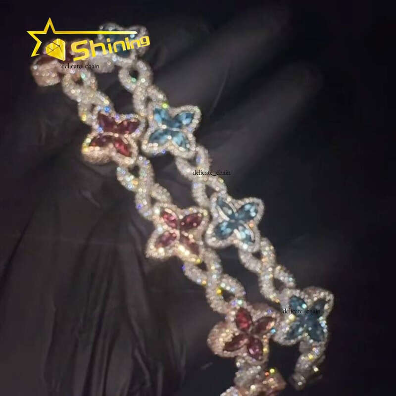 Hot Sale Popular Shining Hip Hop 925 Silver Pink Blue Marquise Infinity Cuban Link VVS Moissanite Bracelet