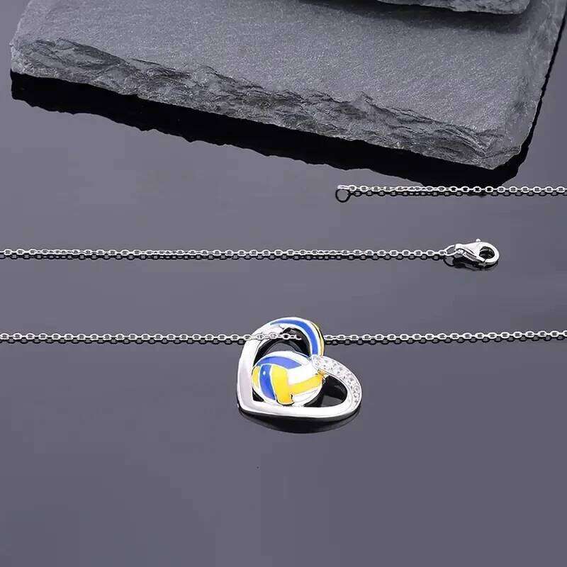 Huitan Trendy Volleyball Heart Pendant Necklace Teen Girls Accessories with Shiny Zirconia Fashion Female Daily Party Jewelry