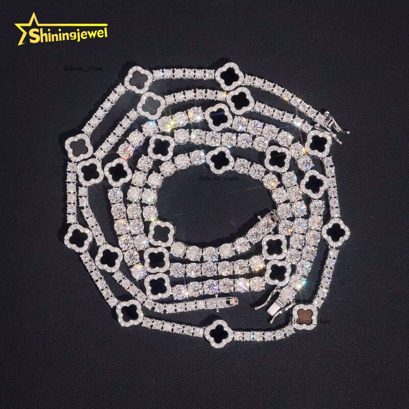 VVS Moissanite In Stock 3mm 5mm Black Onyx Clover Necklace Bracelet Tennis Chain Chalcedony 925 Sterling Silver