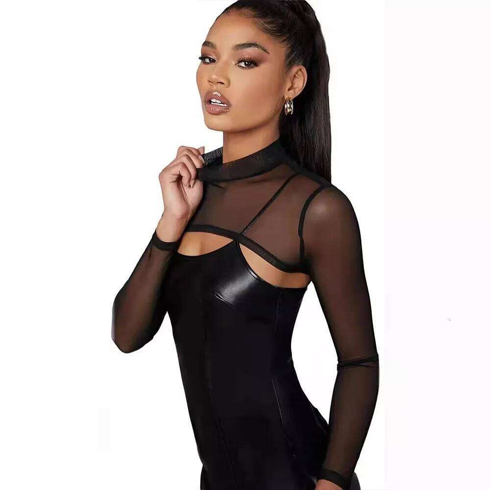 Hot Summer Sexy Ultra Short Perspective Round Neck Long Sleeve Solid Color Transparent T-shirt Women's Top