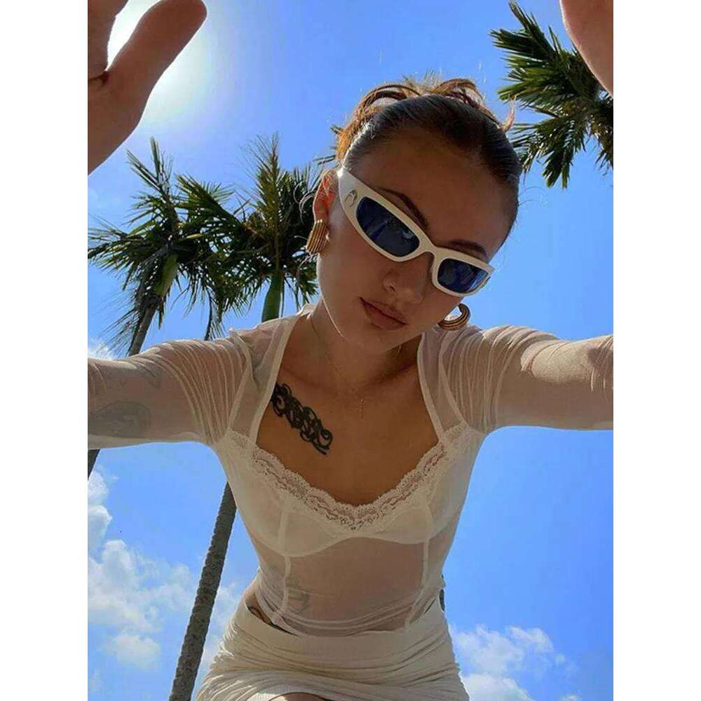 Fashion Y2K Lace Trim Mesh Crop Tops 90s Aesthetics Patchwork Square Neck Long Sleeve White Sexy Tees Summer T-shirts