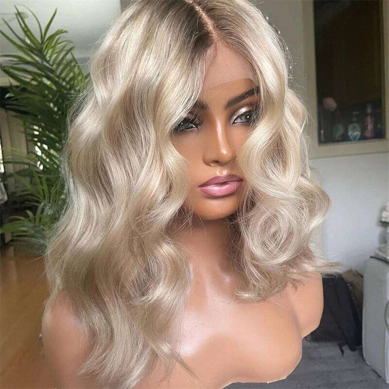 Honey Platinum Blonde Lace Frontal Wigs 13x4 Short Medium Woman"s Wig Glueless Loose Deep Synthetic Mix 5% Human Hair