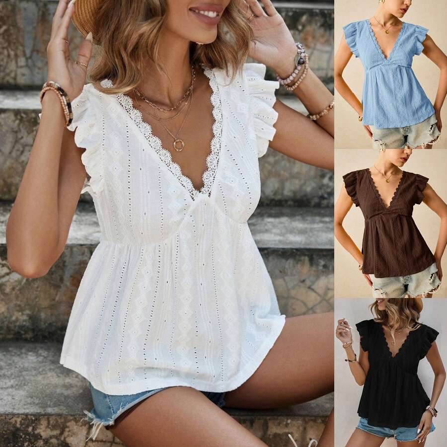 2026 European and American Cross-Border Women's Spring Summer New Fashion Hollow V-Neck Ruffle Short Sleeve Lace T-Shirt Top