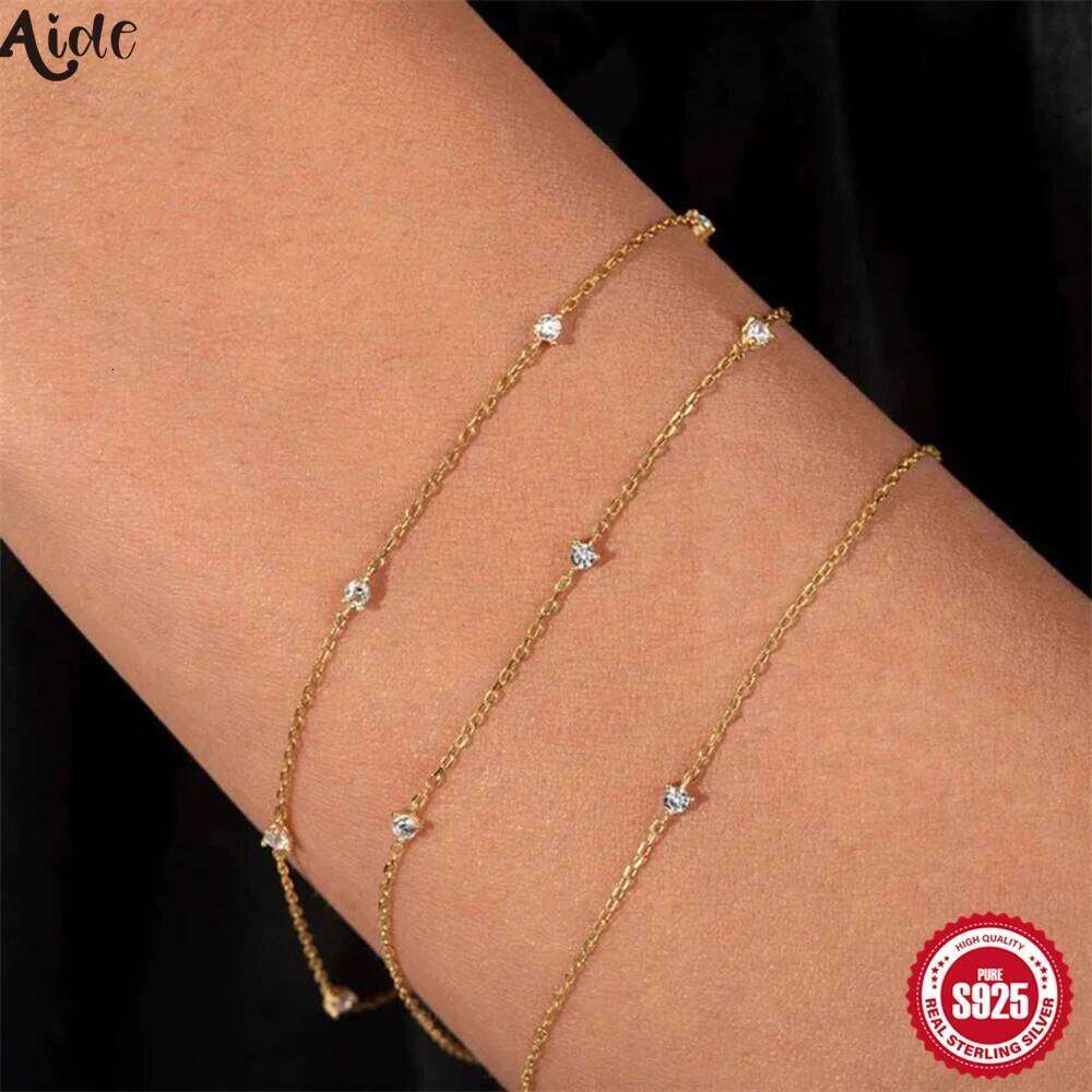 Aide 925 Sterling Silver 7.5mm Zircon Charm Bracelet For Women Luxury Minimalist Jewelry Adjustable Gold Chain Wedding Party