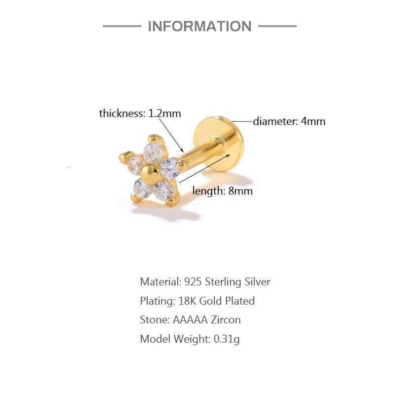 Aide 925 Sterling Silver Zircon Star Flower Tragus Helix Piercing Earrings Women Labret Lip Ring Cartilage Stud Punk Jewelry 1PC