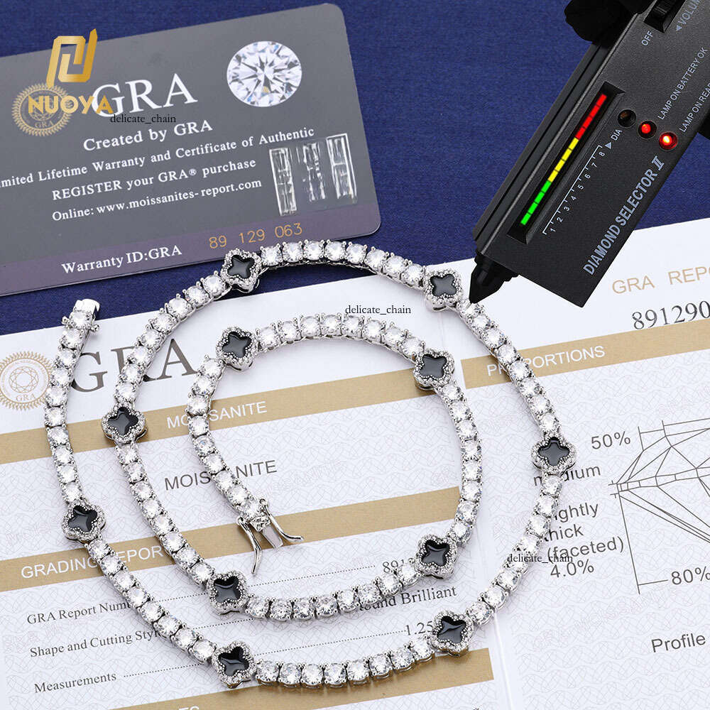 NUOAY Hip Hop Jewelry 4mm Iced Out VVS Moissanite Black Four Leaf Clover Tennis Chain Necklace Gift for Men Women