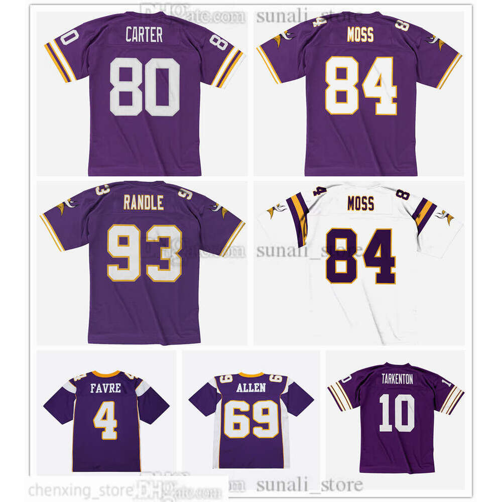 S-6XL Vintage Football Jersey 4 Brett Favre 10 Fran Tarkenton 69 Jared Allen 80 Cris Carter 84 Randy Moss 93 John Randle Men Women Youth Retro All Stitched Purple White