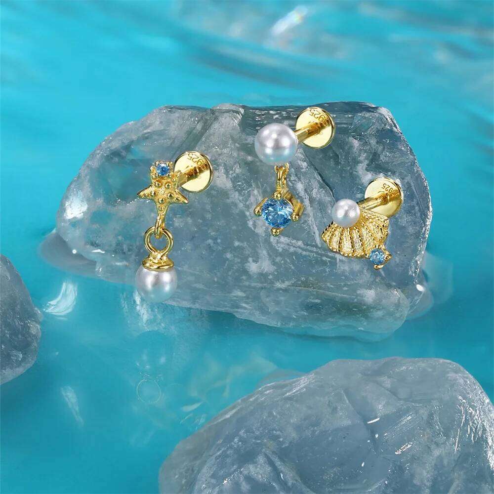Aide 3pcs 925 Silver Ocean Shells Starfish Pearl Elements Stud Earrings Cute And Unique Party Favors Earring Set Fine Jewelry