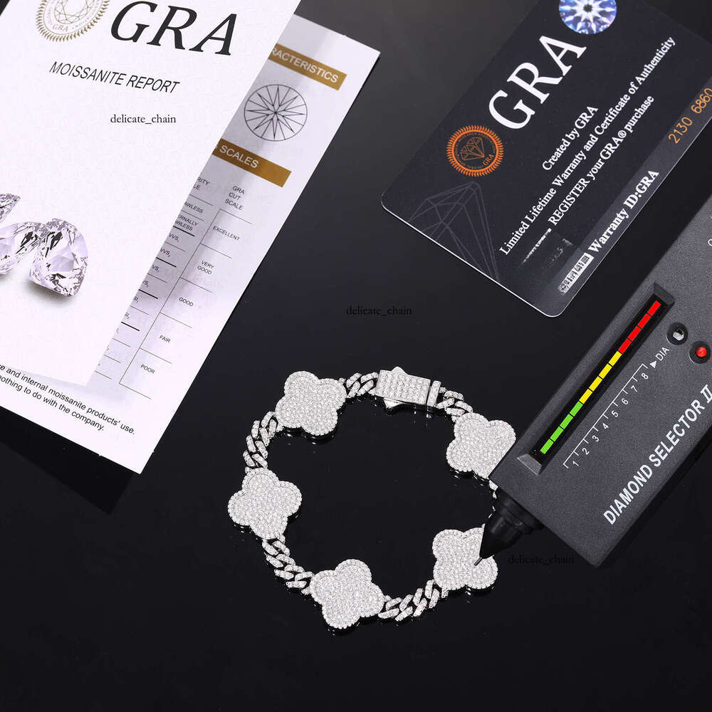 GRA Certified Diatomaceous Earth Ice Out 18mm 925 Sterling Silver Clover Chain Bracelet VVS Moissanite Tester Passed Hip Hop Pearlescent Unisex