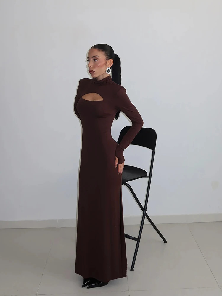Ahagaga Sexy Sheath Womens Maxi Dresses Solid Turtleneck Regular Long Sleeves Hollow Out Slim Fit Bodycon Party Vestidos Robes 251231