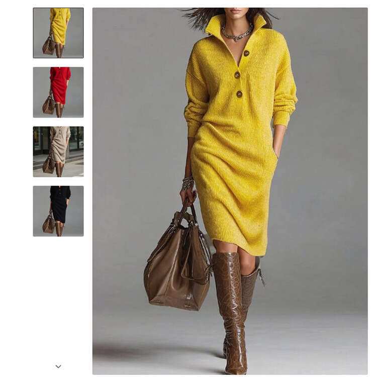 2026 Independent Station European and American New Autumn Casual Button Turn-Down Collar Loose Straight Knitted Mid-Length Sweater Dress