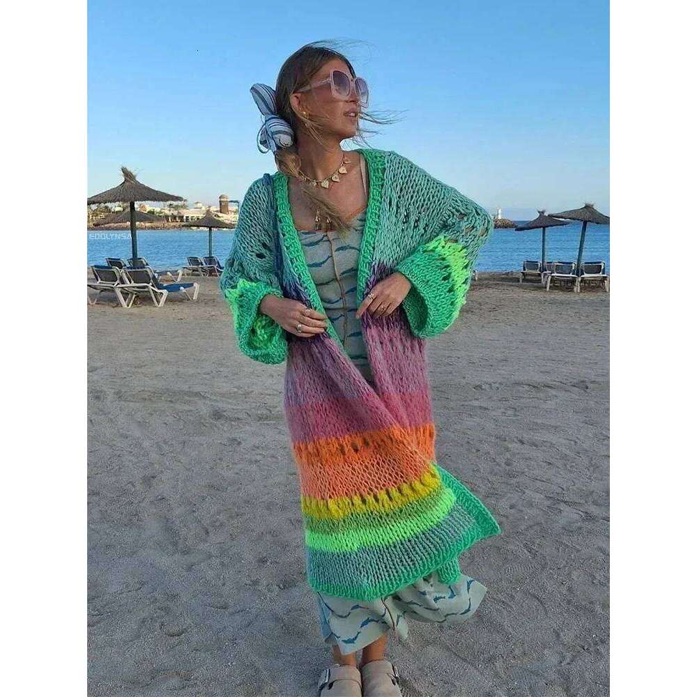 Boho Colorful 2026 Designer Fashion Luxuriously Handknit Bell Sleeve Crochet Loose Kimono Cardigan Women Fall Winter Coat Beach Coverup Dress K12