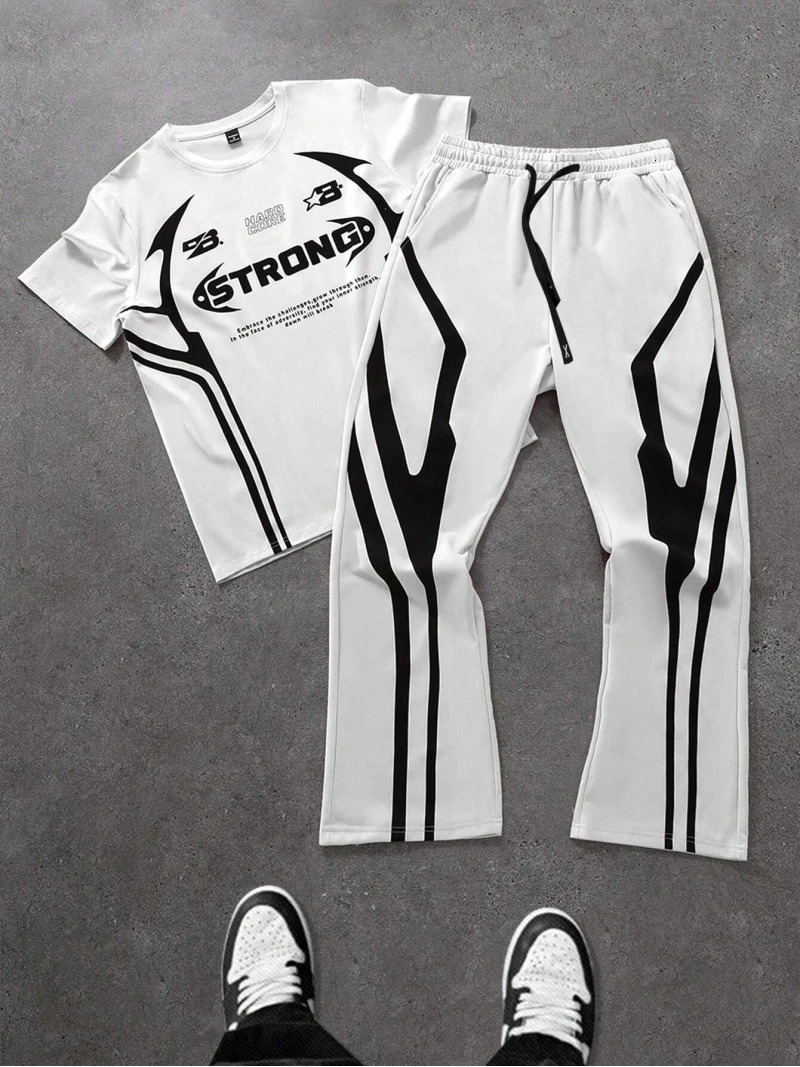 Mens Trendy Two Piece Fashion Hip Hop STRONG Letter Printed Crew Neck TShirt and Trousers Set Wear Clothing 251230