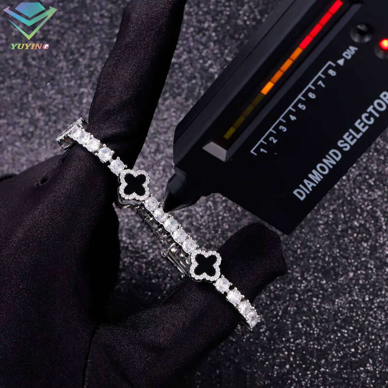 VVS Moissanite Hot Selling Four-leaf Clover 925 Silver Black Agate Fashion Jewelry Tennis Ice 3mm 4mm 5mm Chalcedony Bracelet