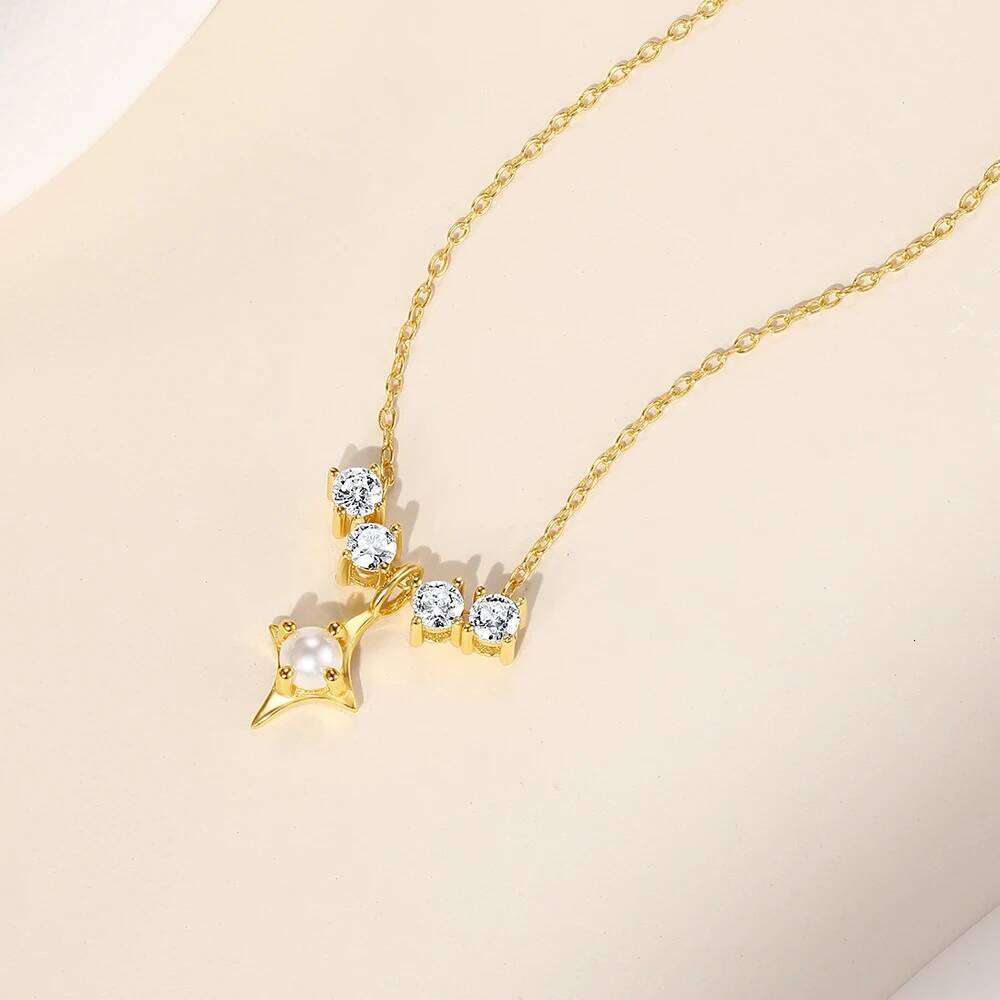 Aide 925 Sterling Silver Fashion Four-Pointed Star Simple Chain Pearl Zircon Pendant Necklace Party Wedding Necks Jewel