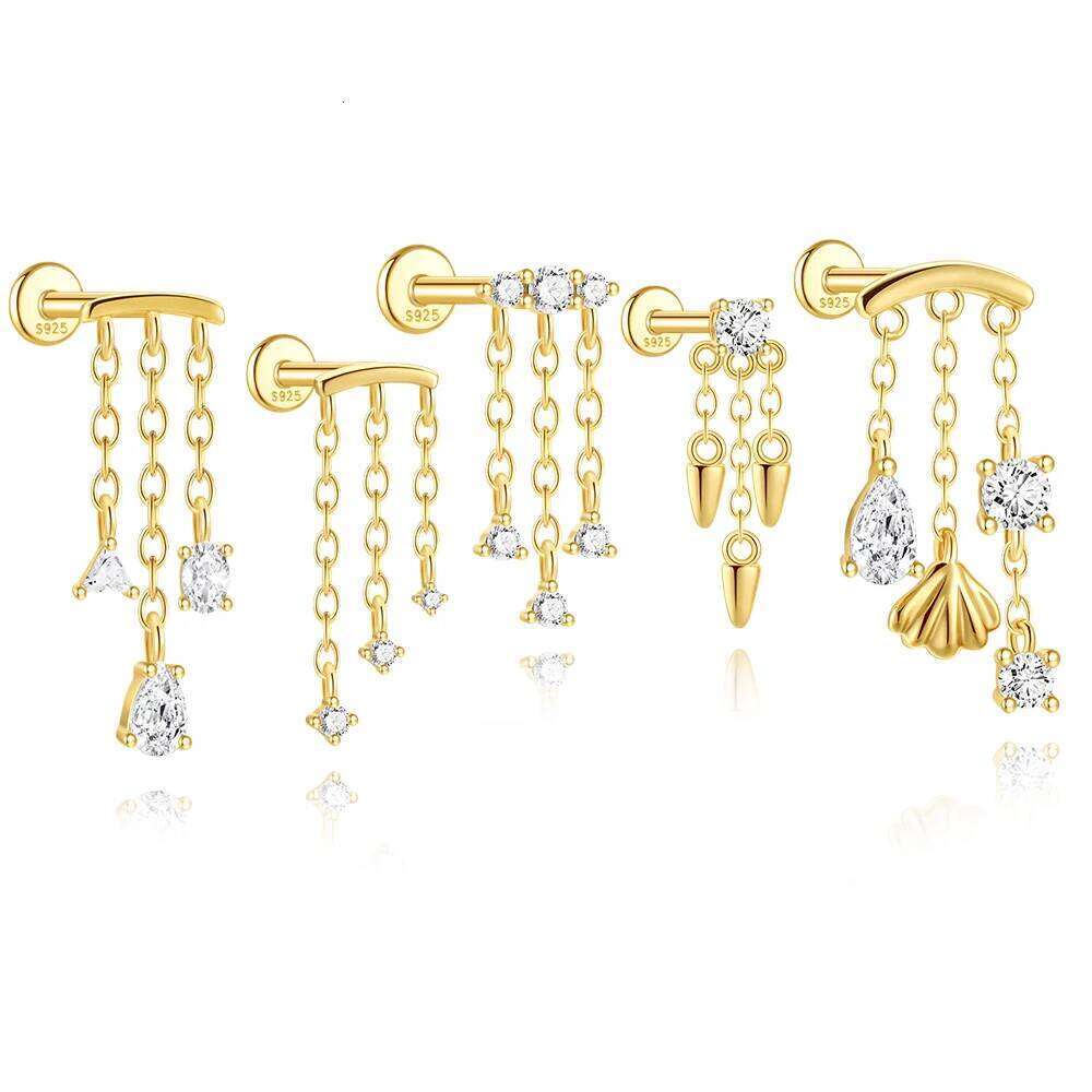 Aide S925 Sterling Silver Tassel Threaded Piercing Stylish Zircon Dangle Cartilage Ear Studs Earrings Jewelry for Women