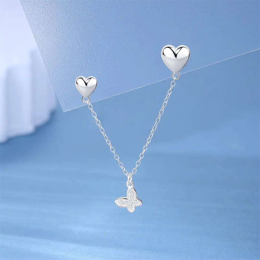 Aide 1pc 925 Sterling Silver Cross & Heart With Chain Two Stud Earrings For Women Hypoallergic Elegant Piercing Easter Jewelry