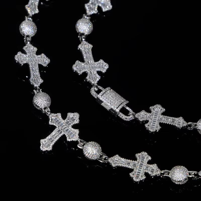 Iced Out Bling Cool Hip Hop Men Boy Jewelry Full 5A Cubic MoissaniteVVSia Moissanite Ball Cross Charm Chain Necklace