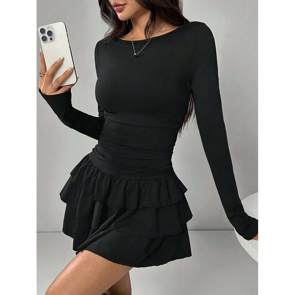 2026 Cross-Border European and American New Women's Fashion Autumn Winter Solid Color Slim Fit Elegant Long Sleeve Dress High-End Feel