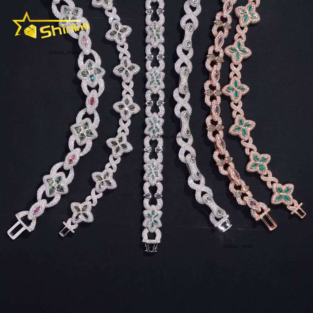 Fancy Style Hip-Hop Colorful Diamond 925 Silver Flower Iced VVS Moissanite Infinity Chain Bracelet