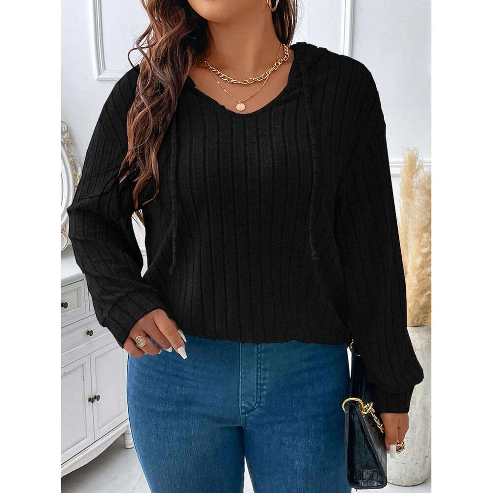 2026 Autumn Winter New Solid Color Plus Size Women's Top V-Neck Hooded Long Sleeve Ribbed Brushed T-Shirt Loose Fit