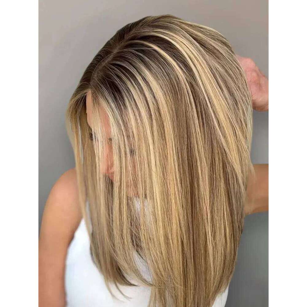 Natural Peplucked Hairline 13x4 Ombre Brown Blonde Balayage Short Straight Bob High Quality Synthetic HD Lace Front Wig 14''