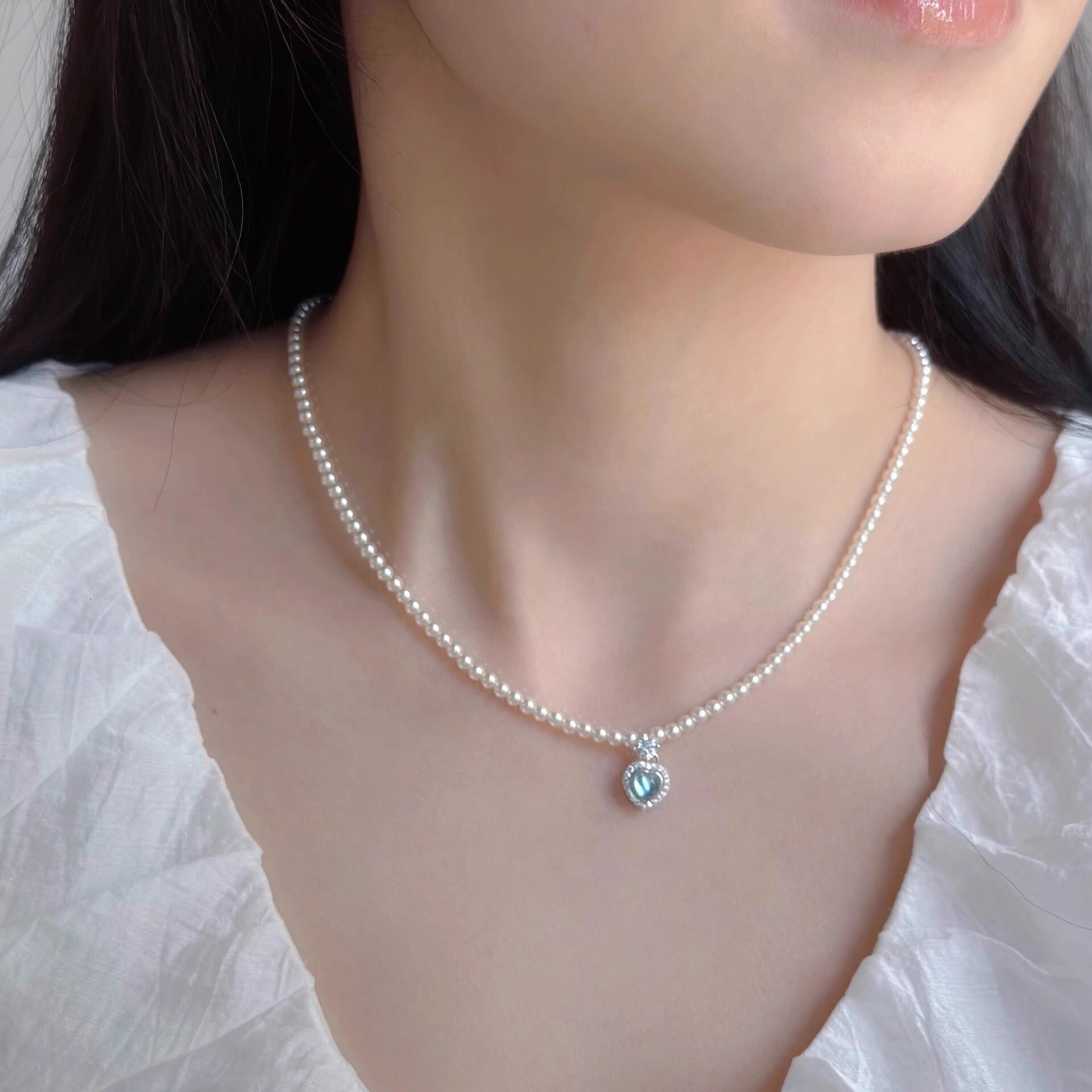 S925 Sterling Silver Natural Aquamarine Heart Necklace for Women - Luxury, Niche Accessories, Pearl Jewelry - High-End Feel