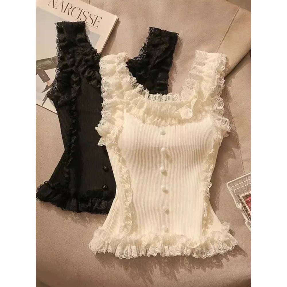 Pure desire, sweet spicy lace camisole vest, women's summer hot girl slim fit and slimming, knitted base, short sleevel