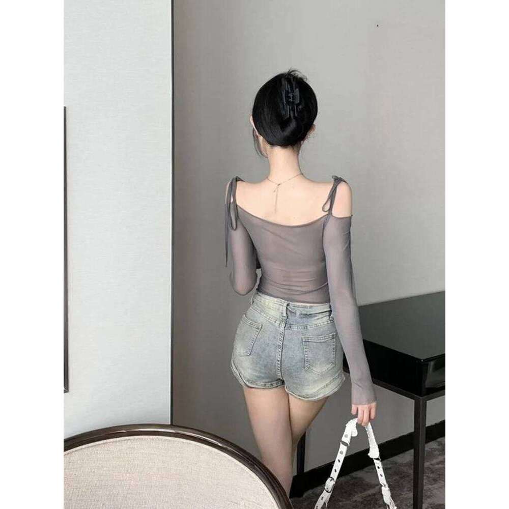 Mesh long sleeved sun protection lace up T-shirt for women in summer, thin one shoulder short design, exposed navel top