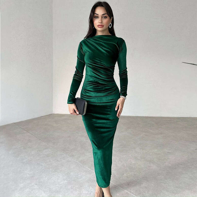 2026 Autumn Winter New Fashion Solid Color Slim Fit Ruched Round Neck Long Sleeve Dress for Women Export