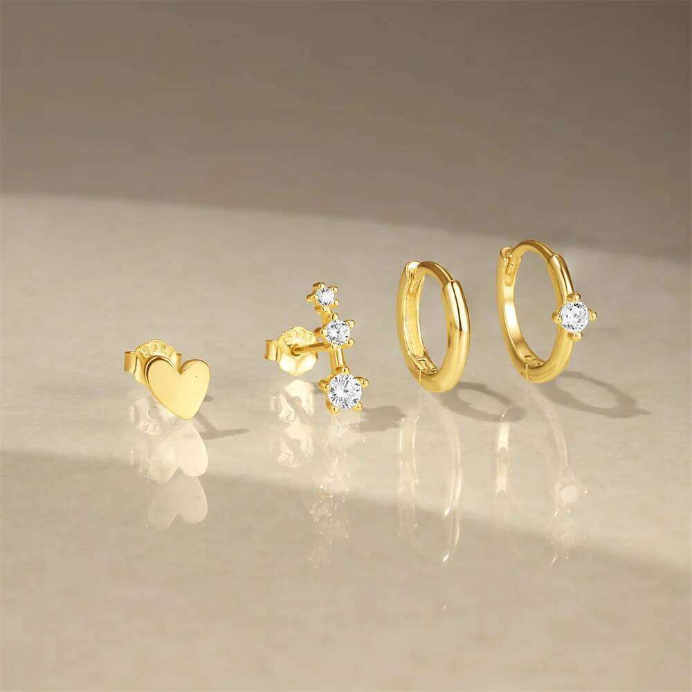 Aide Of 3 Small Zircon Flower Heart Stud Earrings 925 Sterling Silver Personality Geometric 3/4/6 Pieces Set Crystal Earring