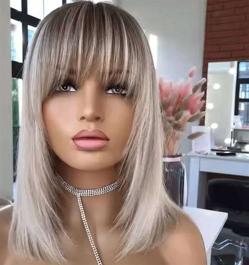 Layered Platinum Brown With Bangs Lace Front Wig Long Straight 16 Inches Synthetic Wigs For Women Daily Use