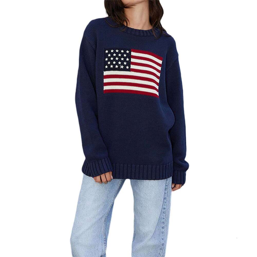 Puloru Women's Loose Fit Sweaters Fall Winter Casual Stars Stripe Flag Print Round Neck Long Sleeve Pullovers Knitted Jumpers
