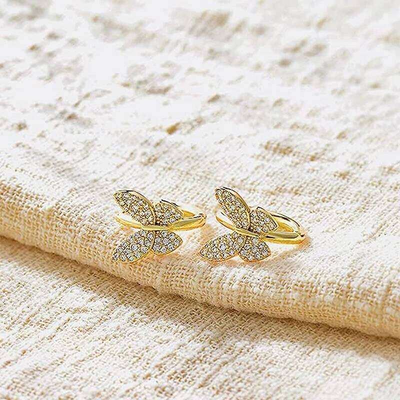 Huitan Exquisite Butterfly Hoop for Women Luxury Gold Color Cubic Zirconia Earrings Wedding Aesthetic Female Jewelry