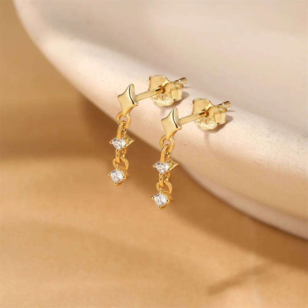 Aide S925 Sterling Silver Classic Smooth Four-Pointed Star Tassel Stud - Dangle Chain Zircon Earrings for Women Jewelry