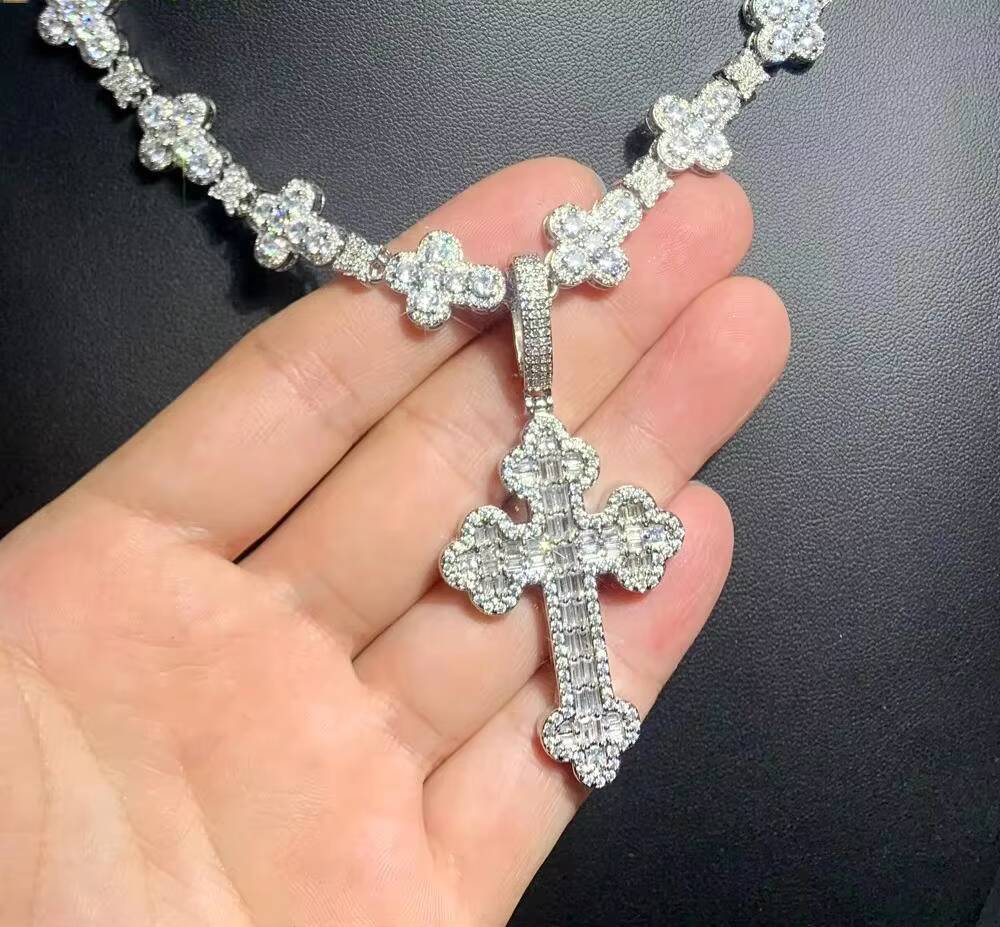 In Stock Iced Out Bling Rectangle Cubic MoissaniteVVSia Moissanite Hip Hop Cross Pendant Necklace Cross Chain Fine Jewelry Set for Men