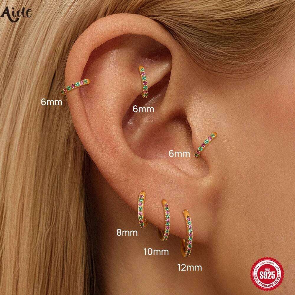 Aide S925 Sterling Silver Single Colorful Row Zircon Hoop Earrings 6/8/10/12mm Versatile Fashion Cartilage Hoops for Women Jewel