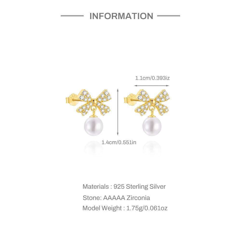 Aide Luxury 925 Sterling Silver Bow With Stud For Women Shiny Pearl Pendant Earrings Handmake Rhombic Studs