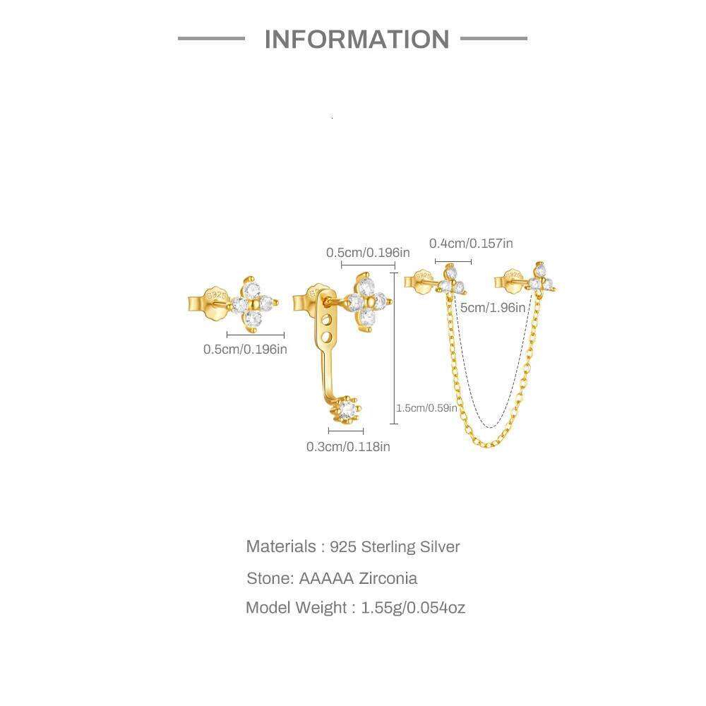 Aide 925 Sterling Silver 3pcs Set Flower Zircon Two Stud K Gold Chain Tassel Piercing Earrings For Women Luxury Jewelry Gift