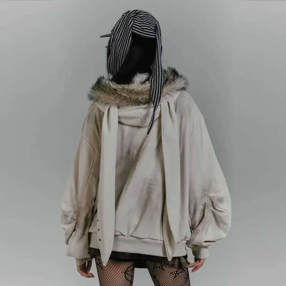 Zhehan American Retro Hoodie Women Gothic Simple Print Rabbit Ears Zipper Hooded Fur Collar Sweatshirt Fashionable Harajuku Jacket Tops