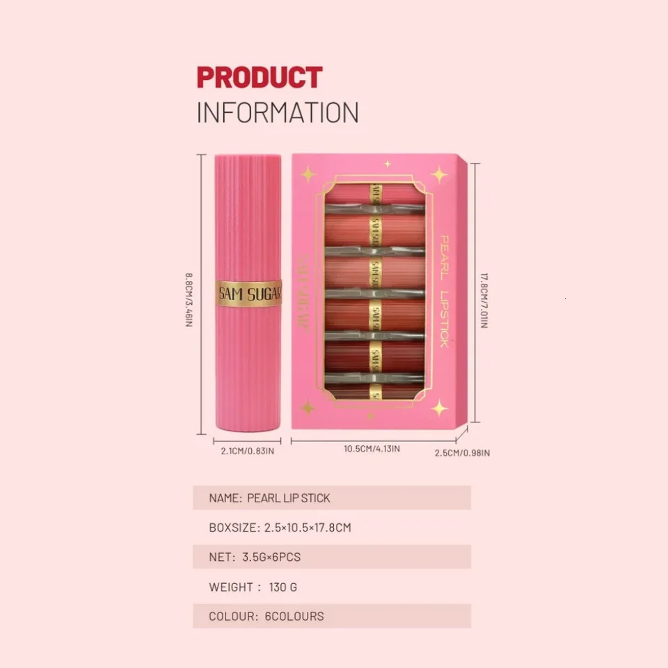 6pcs/set Diamond Pink Lipstick Chocolate Brown Metallic Glitter Lipstick Long-Lasting Shimmer Pearl Sparkling Lip Gloss Makeup 251230