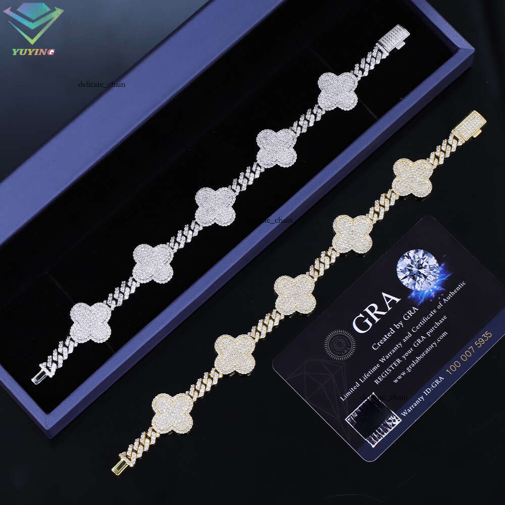 925 Silver Gold Plated Clover VVS Moissanite Silicon Stone Bracelet New Design Cuban Men and Women Hip Hop Style Chain