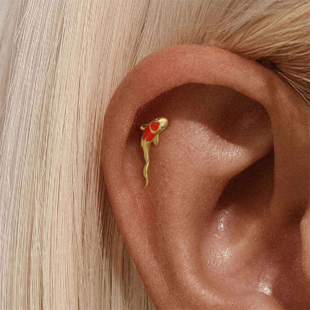 Aide 1pc Plata 925 Sterling Silver 18K Gold Color Animal Piercing Earring For Women Enamel Lucky Koi Fish Ear Bone Studs Jewelry