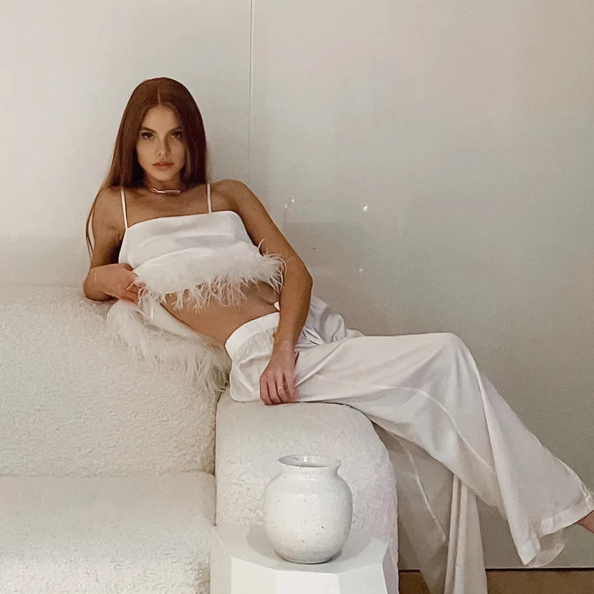 Chic Satin Pajamas With Feathers Sleepwear Women Sets Pants Black Spaghetti Strap Home Suit White Trouser Suits 251231