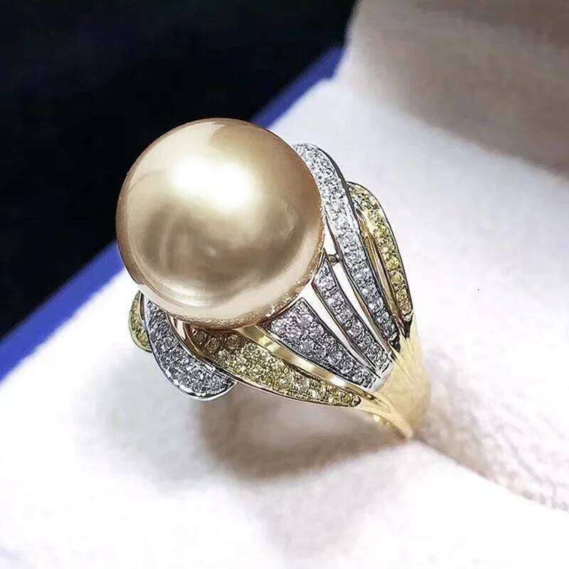 Huitan Gorgeous Champagne Imitation Pearl Rings for Women Two Tone Full CZ Luxury Trendy Wedding Engagement Jewelry New Arrival