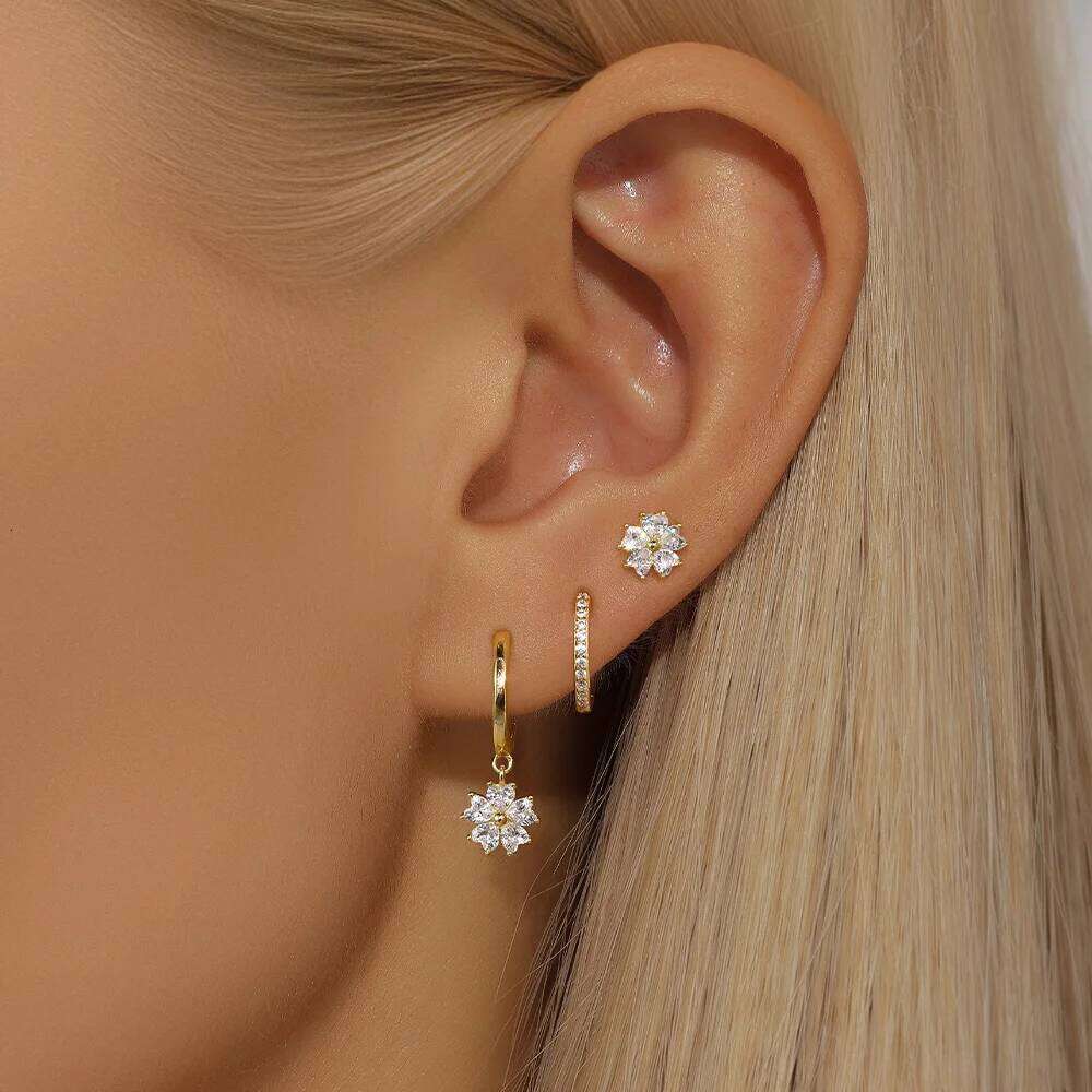 Aide 4pcs Real 925 Sterling Silver Women's Zircon Hoop Earring Delicate Handmake Daily Wear Studs Accessory Fine Jewelry Set