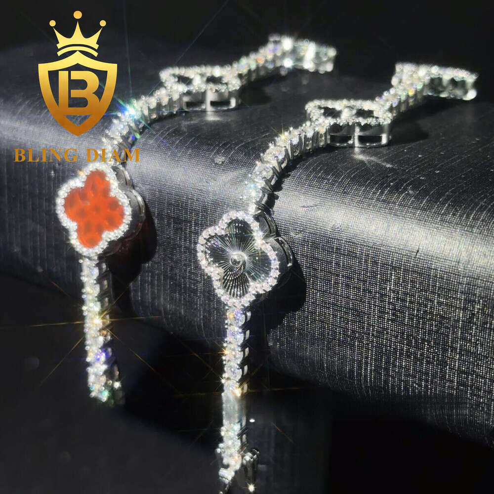 Fashion Clover Tennis Chain 925 Sterling Silver 3mm Silicone Bracelet Passes VVS Moissanite Test for Men and Women