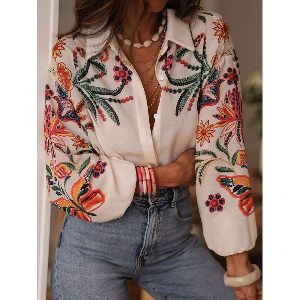 2025 Spring Summer New Loose Long Sleeve Digital Print Shirt Top for Women from Europe and America